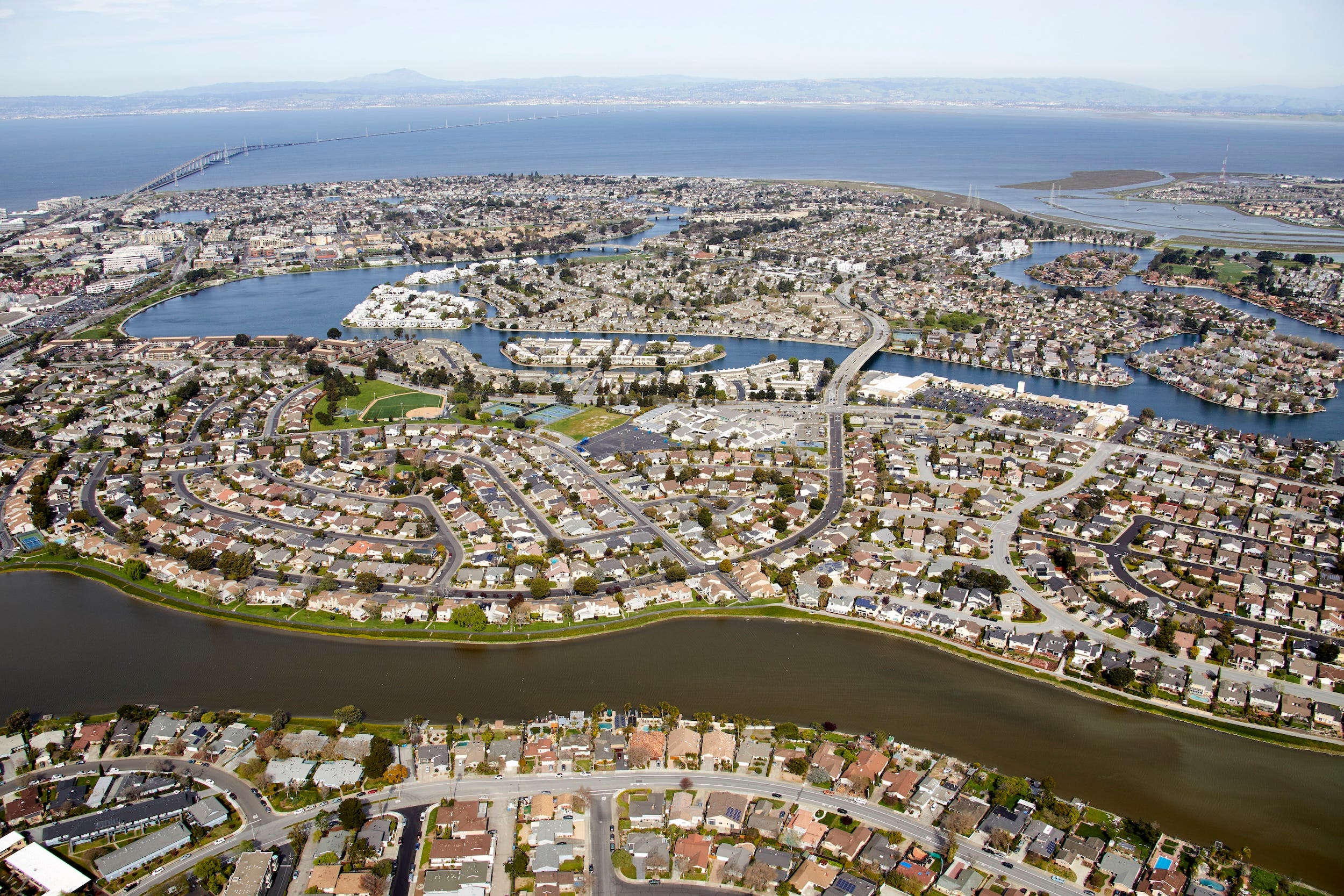 An aerial view of a city in California.