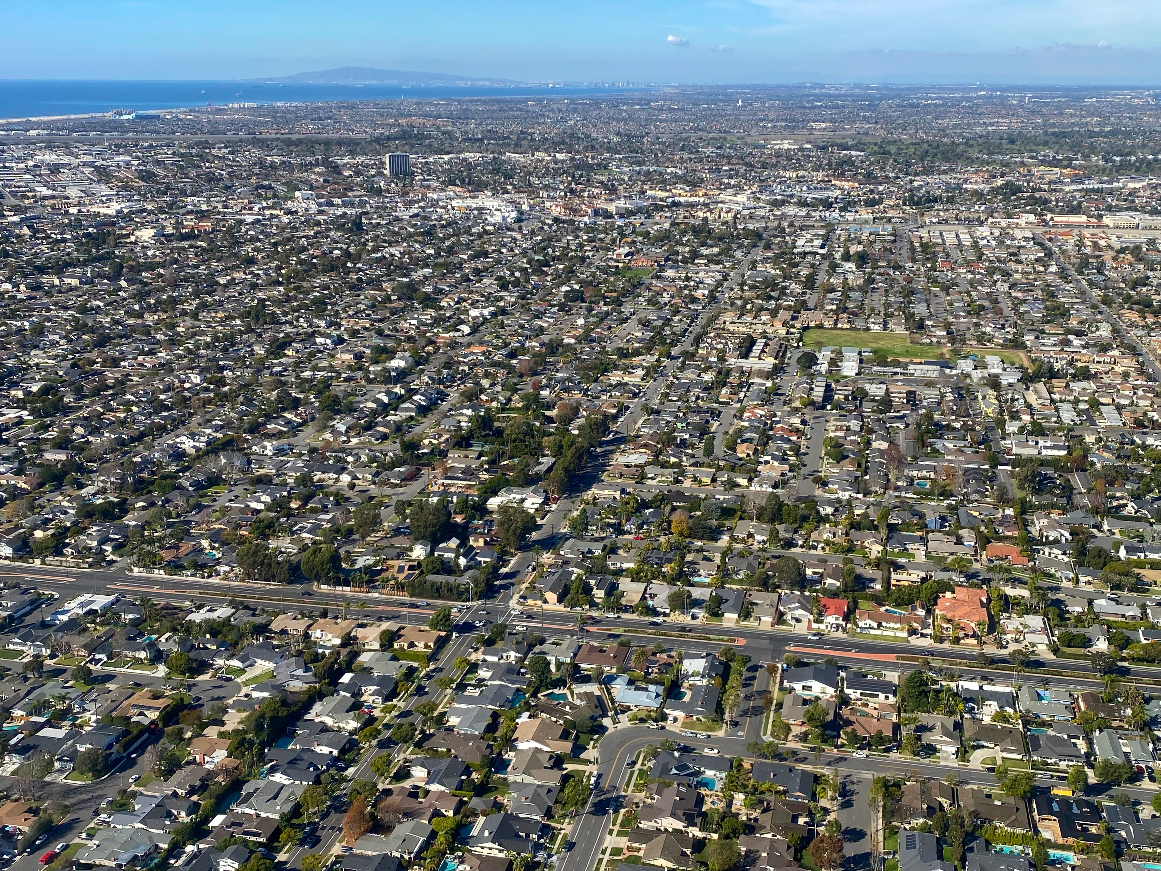 Aerial view of the suburbs in Costa Mesa, California.
