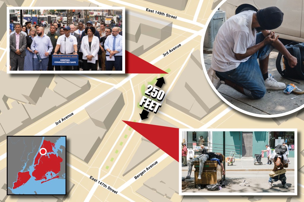 Illustration of a Bronx map showing locations of homeless individuals and a press conference about public safety.