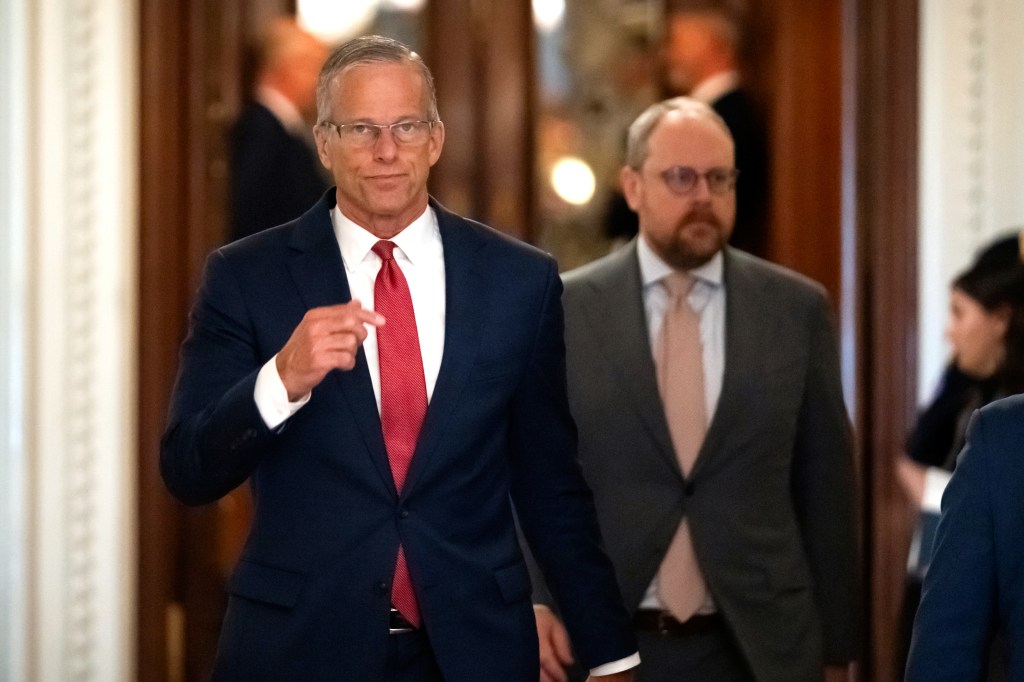 Senate Majority Leader John Thune, of S.D., walks toward his office from the Senate chamber at the Capitol, Wednesday, July 16, 2025, in Washington.