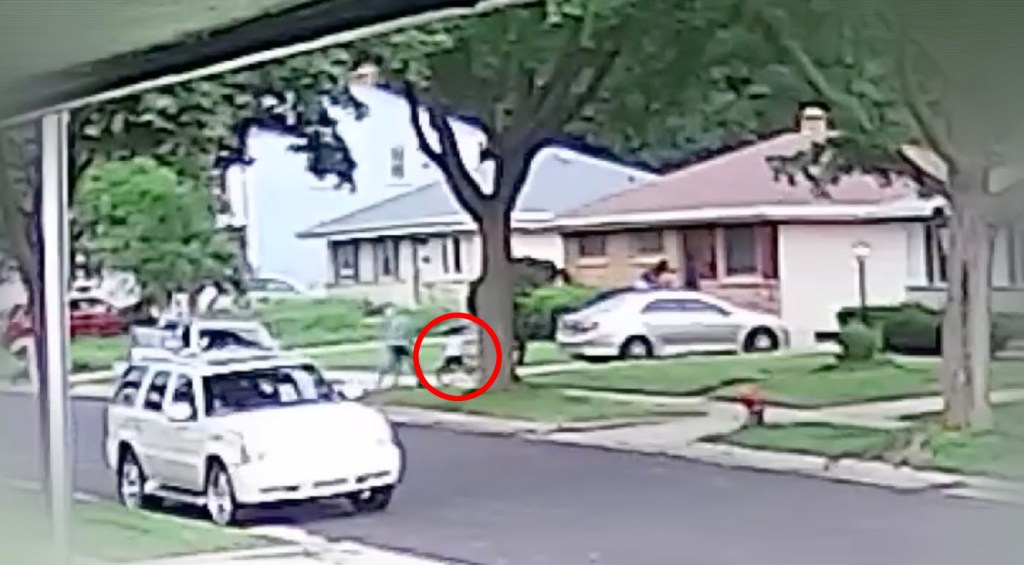 Surveillance video still image of a child being abducted.
