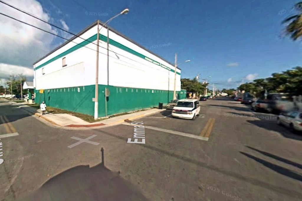 Street view of a building and street scene.