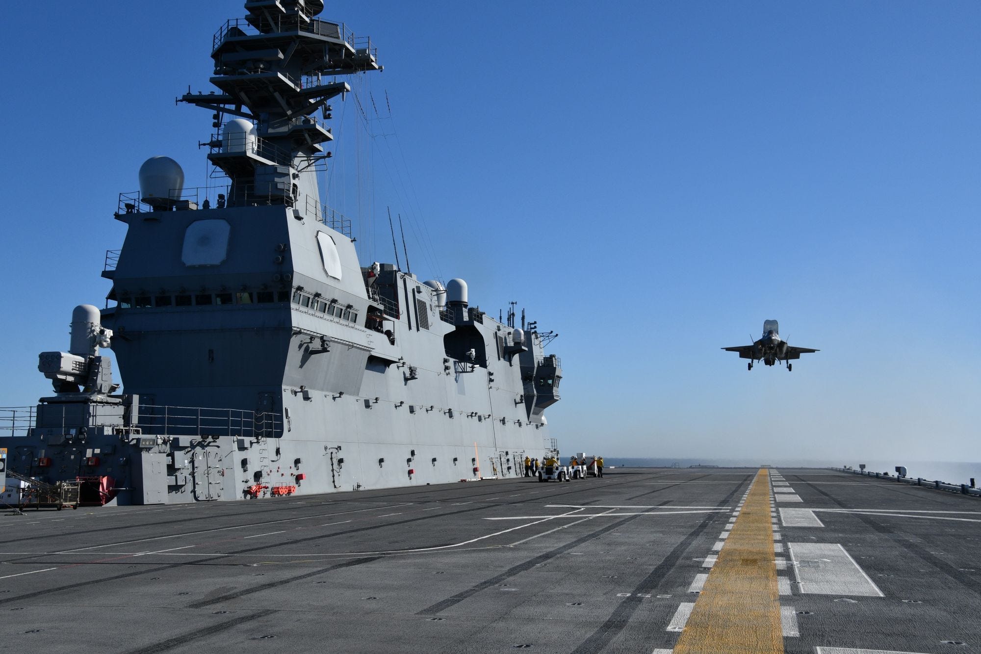 An F-35B is seen ahead of landing aboard the JS Kaga.