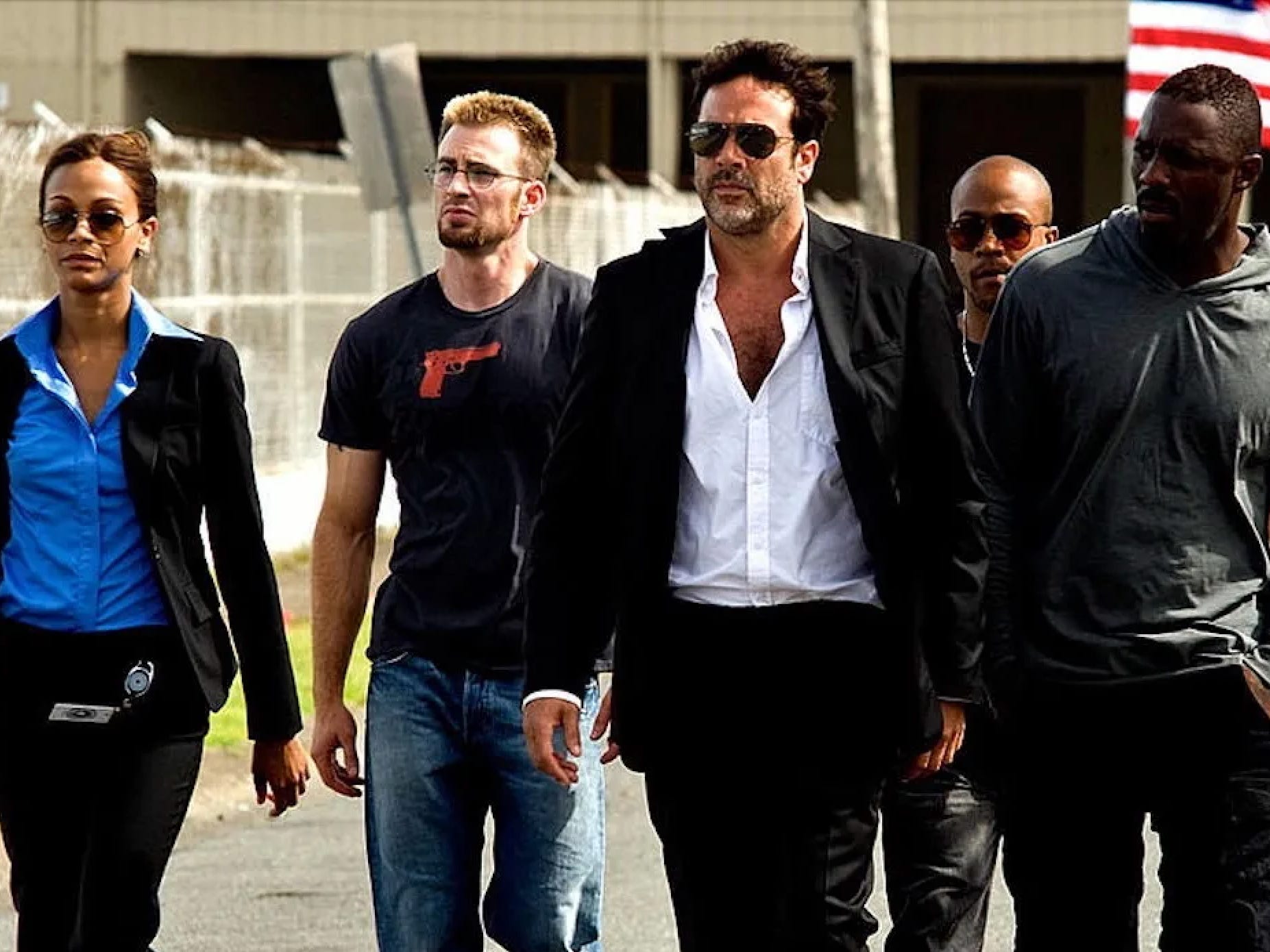zoe saldana, chris evans, jeffrey dean morgan, columbus short, idris elba and Oscar Jaenada in the losers