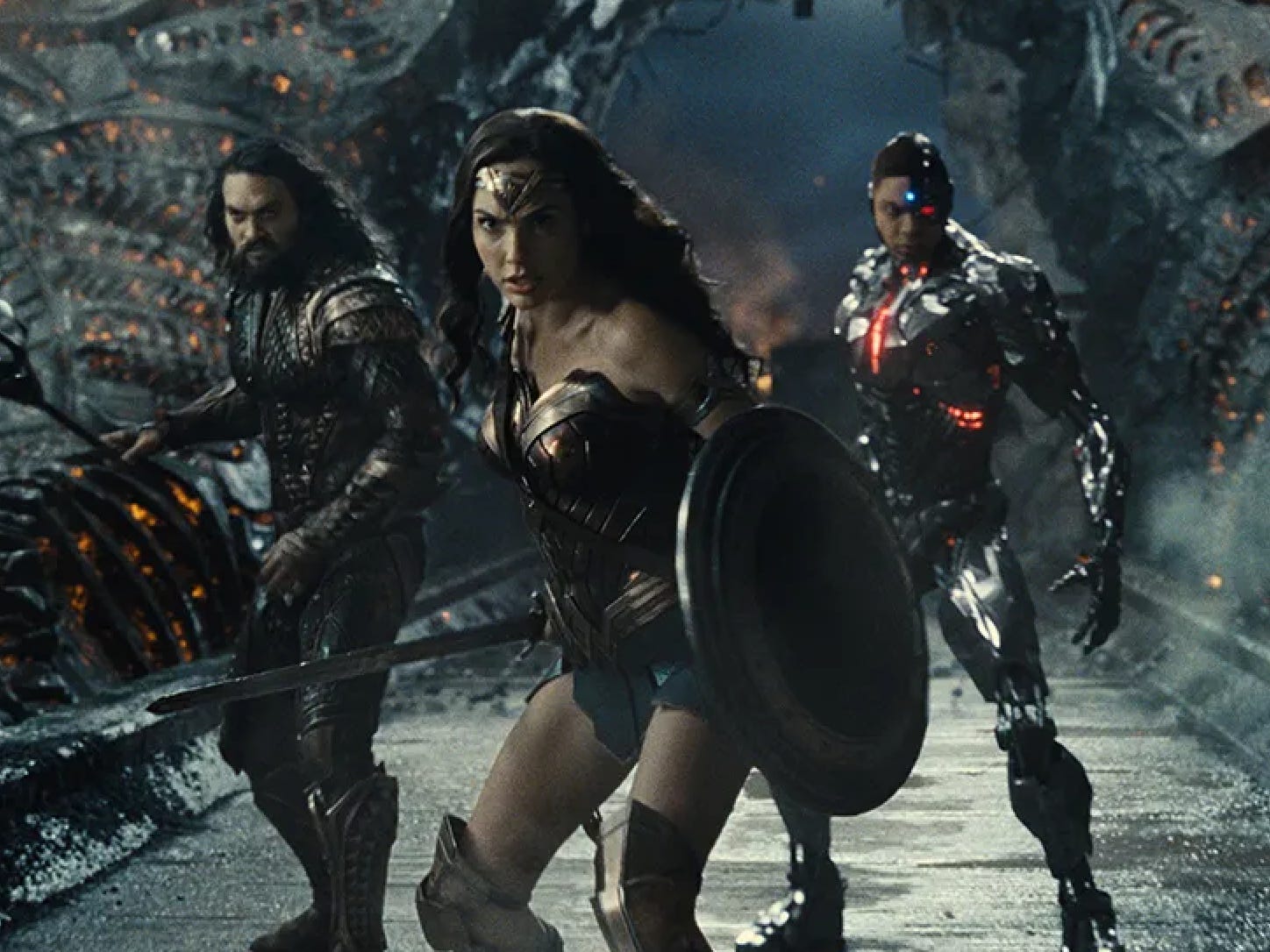 jason momoa, gal gadot and ray fisher in zack snyder's justice league