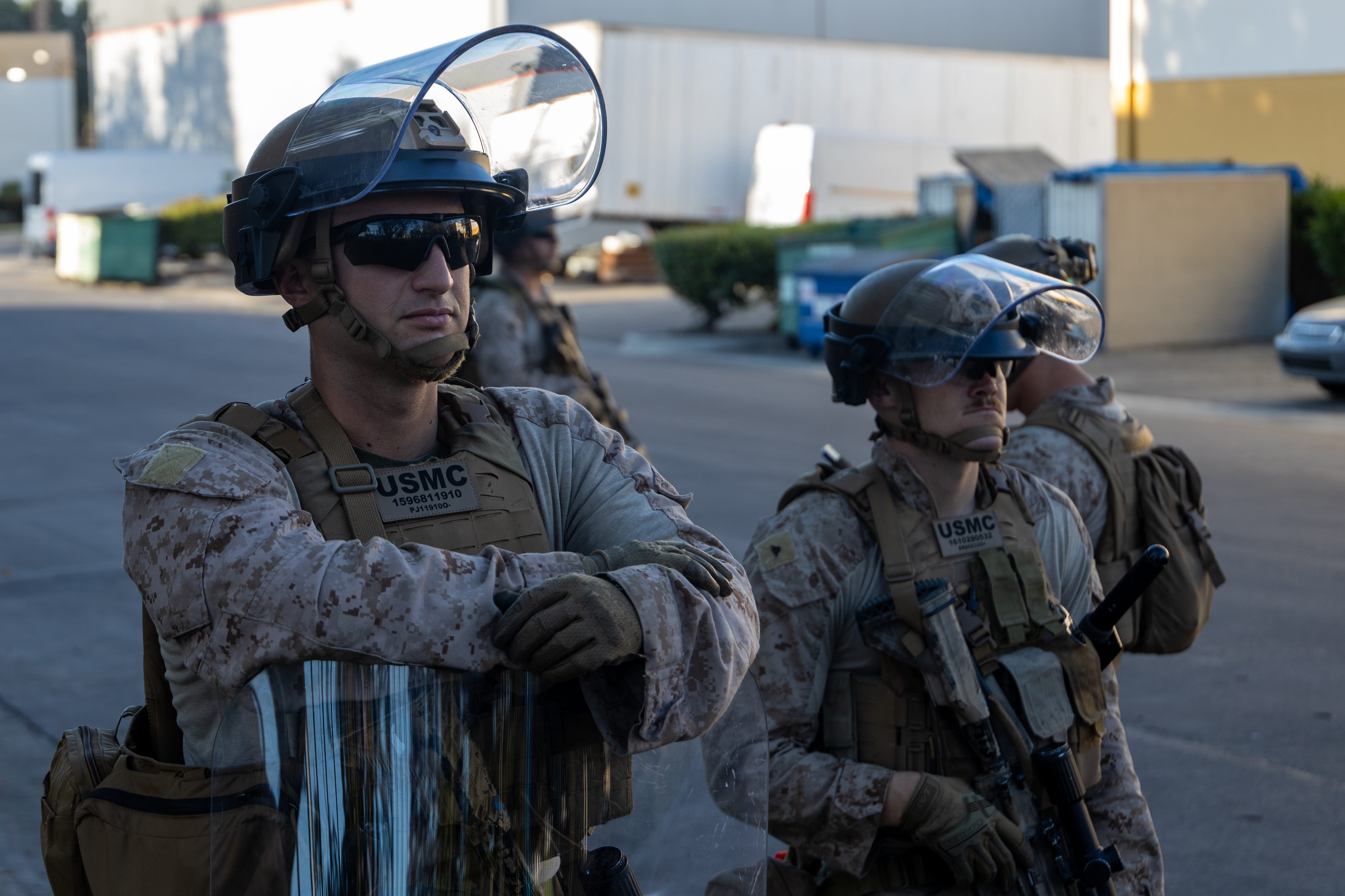 US Marines with 2nd Battalion, 7th Marine Regiment guard a federal building in Los Angeles, June 15, 2025.