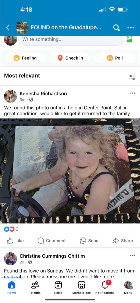 Found photo of a young child, returned to owners after Texas floods.