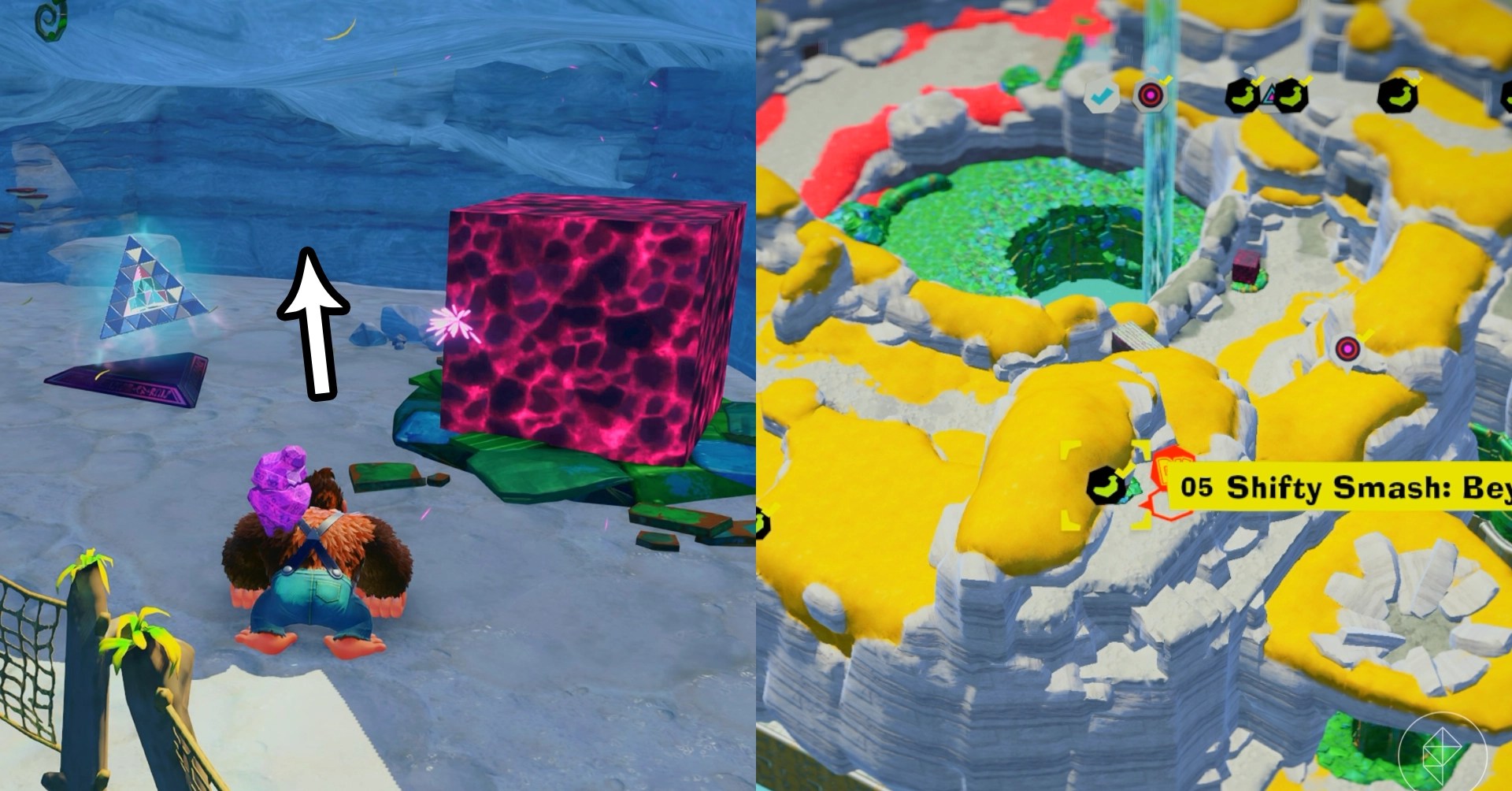 DK stands in a cave near a glowing box by the Shifty Smash gem in a split image showing a map of where to find Lagoon Layer Banandium Gem