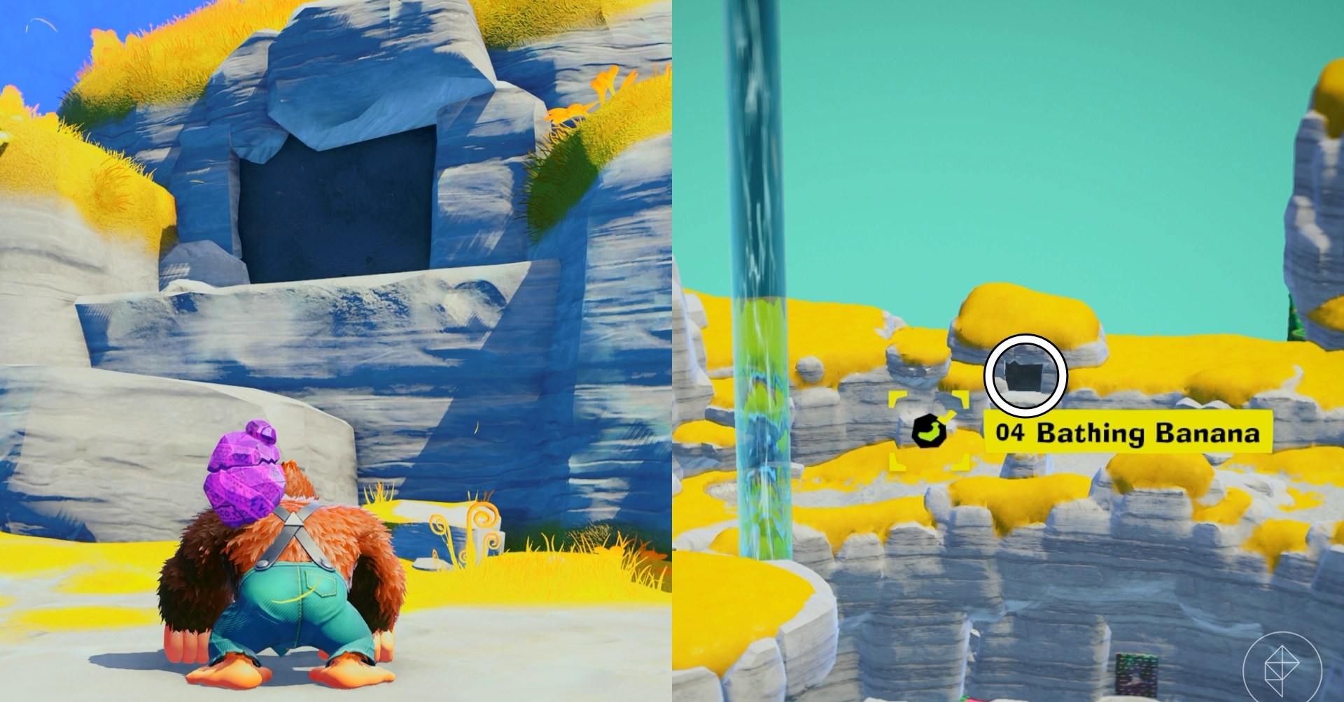 DK stands near ledges leading to the Bathing Banana gem in a split image showing a map of where to find Lagoon Layer Banandium Gem