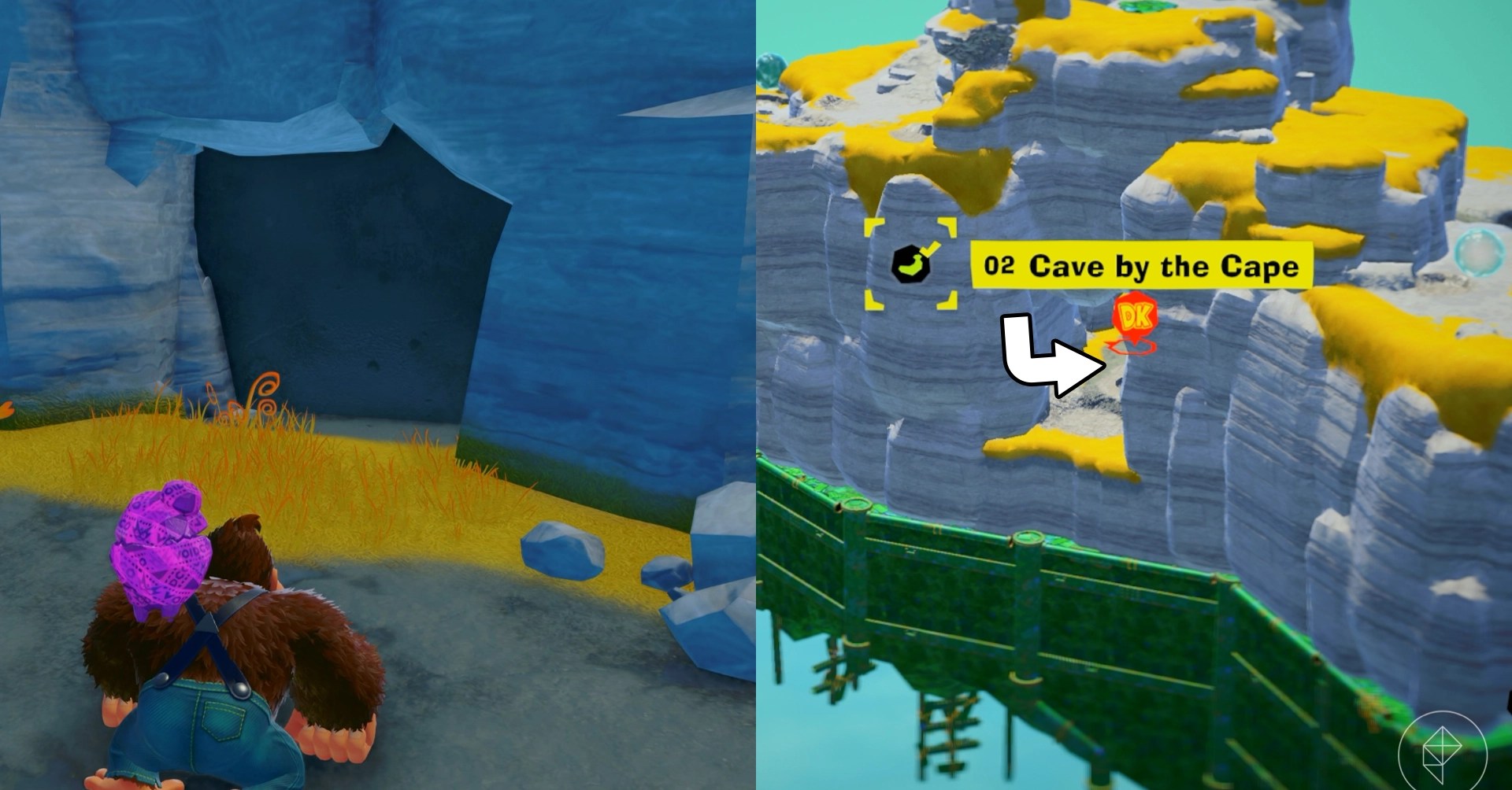 DK stands outside a cave near the Cave by the Cape gem in a split image showing where to find a Lagoon Layer Banandium Gem
