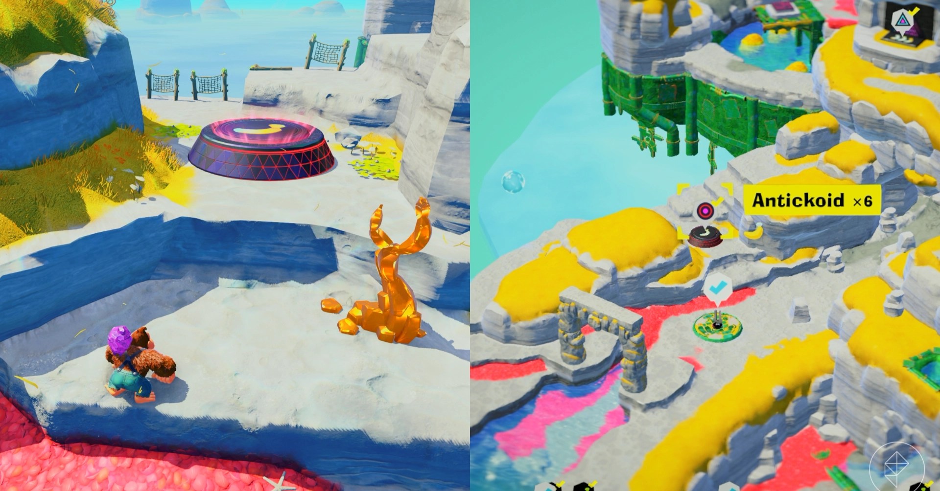 DK climbs up cliffs leading to the Antickoid x6 gem in a split image showing a map of where to find Lagoon Layer Banandium Gem