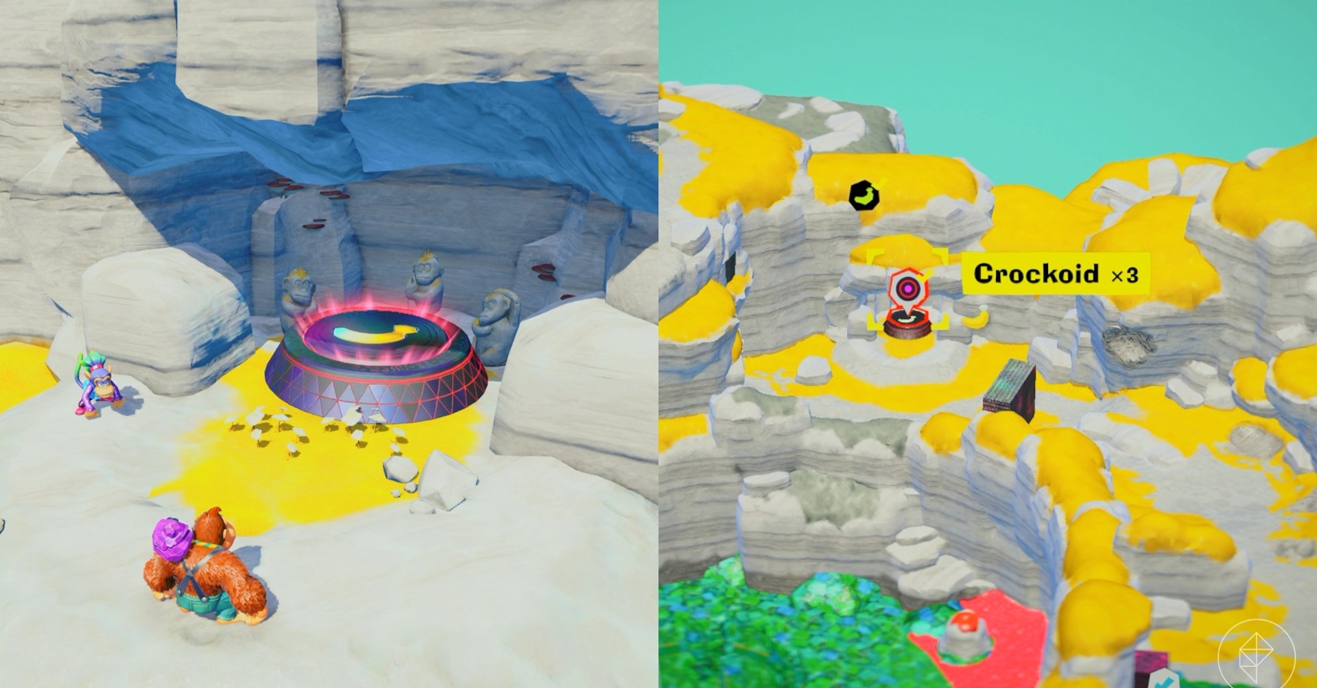 DK stands near a jump pad leading to the Crockoid x3 gem in a split image showing a map of where to find Lagoon Layer Banandium Gem