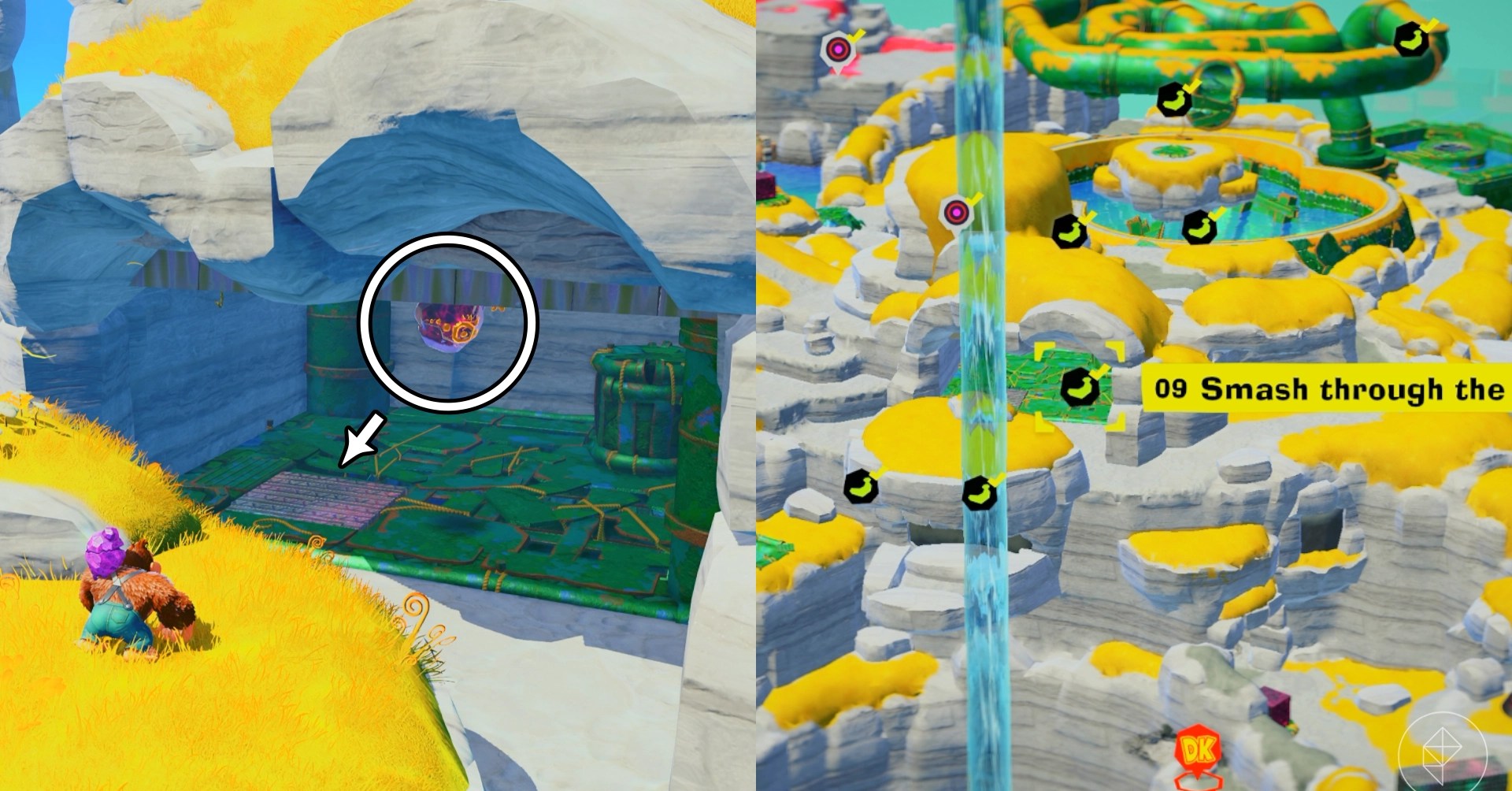 DK stands on a cliff and looks at a cave showing the Smash Through the Floor gem in a split image showing a map of where to find Lagoon Layer Banandium Gem