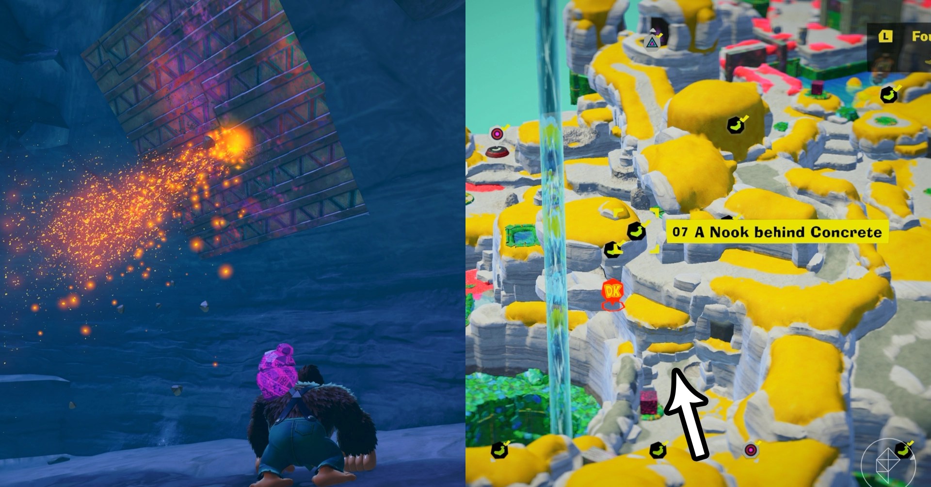 DK stands in a cave leading to the Nook Behind Concrete gem in a split image showing a map of where to find Lagoon Layer Banandium Gem