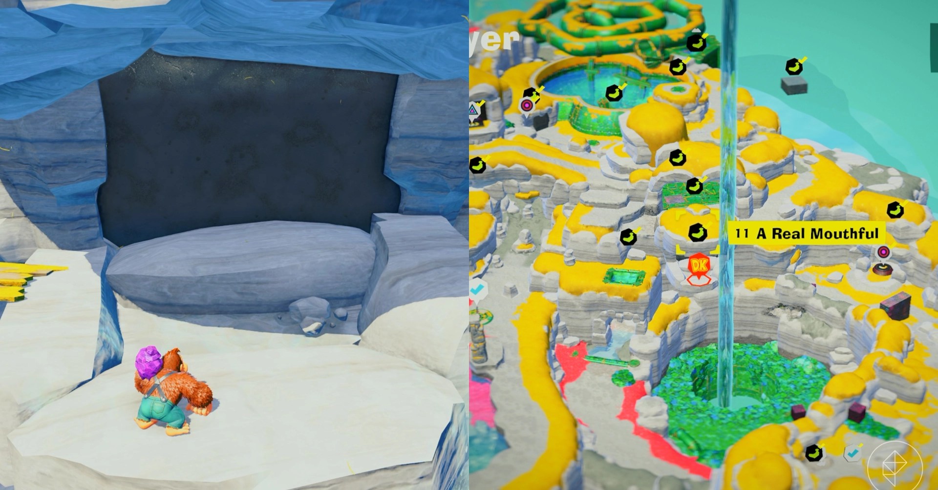 DK gazes out at the Lagoon Layer to search for the Cranky’s Lagoon Rant gem in a split image showing a map of where to find Lagoon Layer Banandium Gem