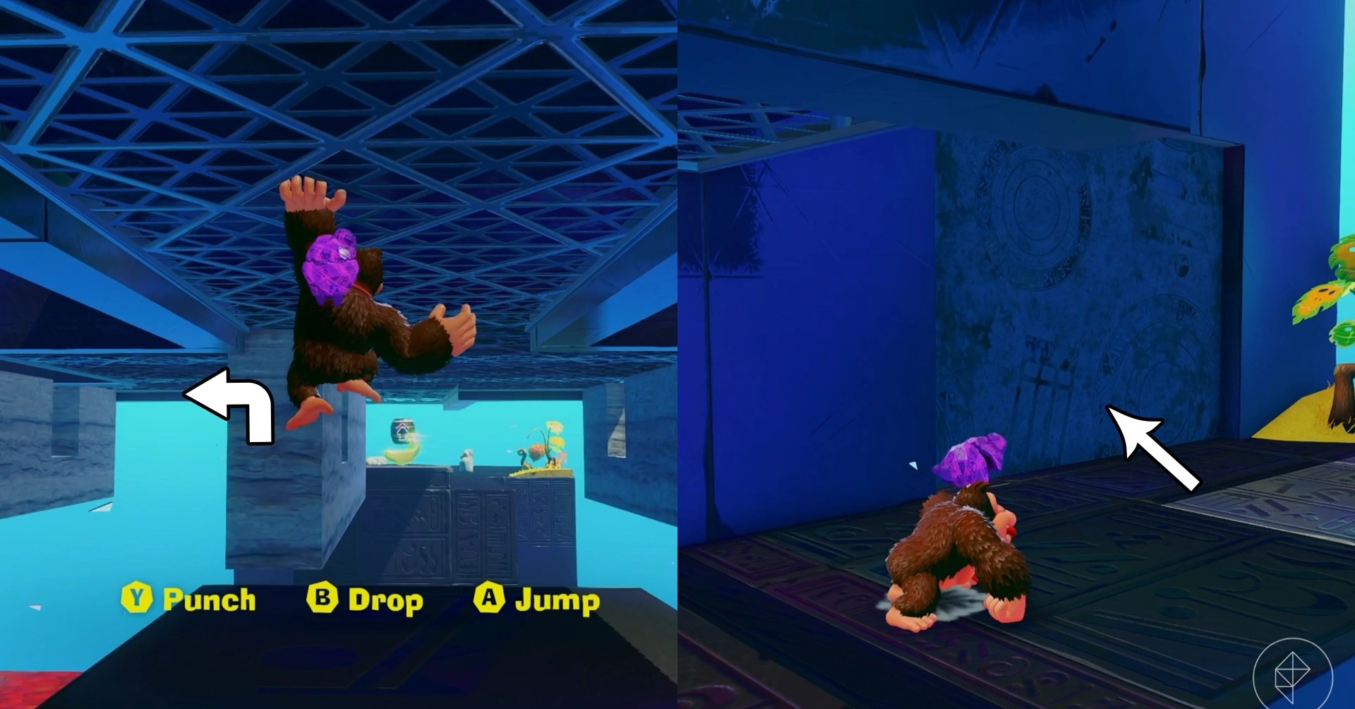 DK climbs monkey bars in one image and stands near a blue wall in another image in split art showing where to find Banandium Gems in the Lagoon Layer in DK Bananza