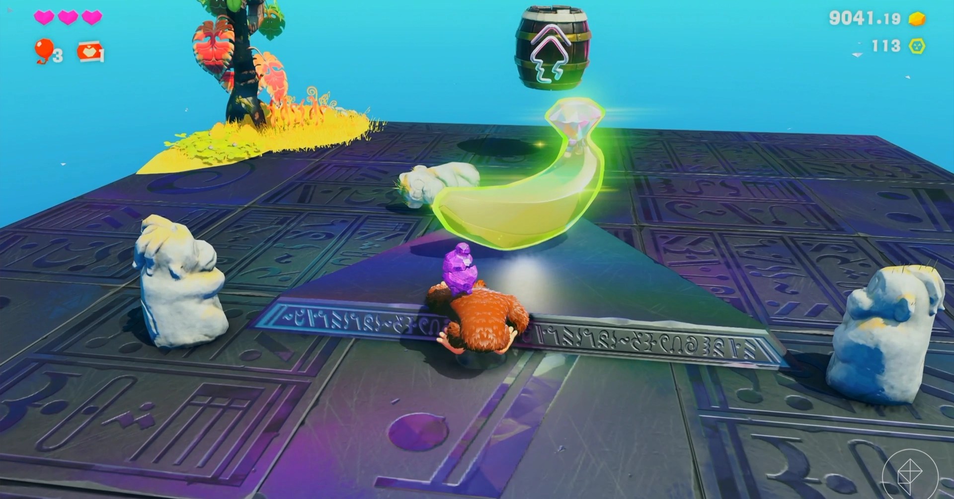 DK stands next to a Banadium Gem on a metal triangle in Donkey Kong Bananza Lagoon Layer