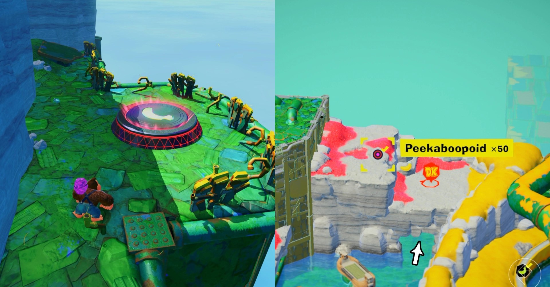 DK walks on green stone pathway looking for the Peekaboopoid x50 gem in a split image showing a map of where to find Lagoon Layer Banandium Gem