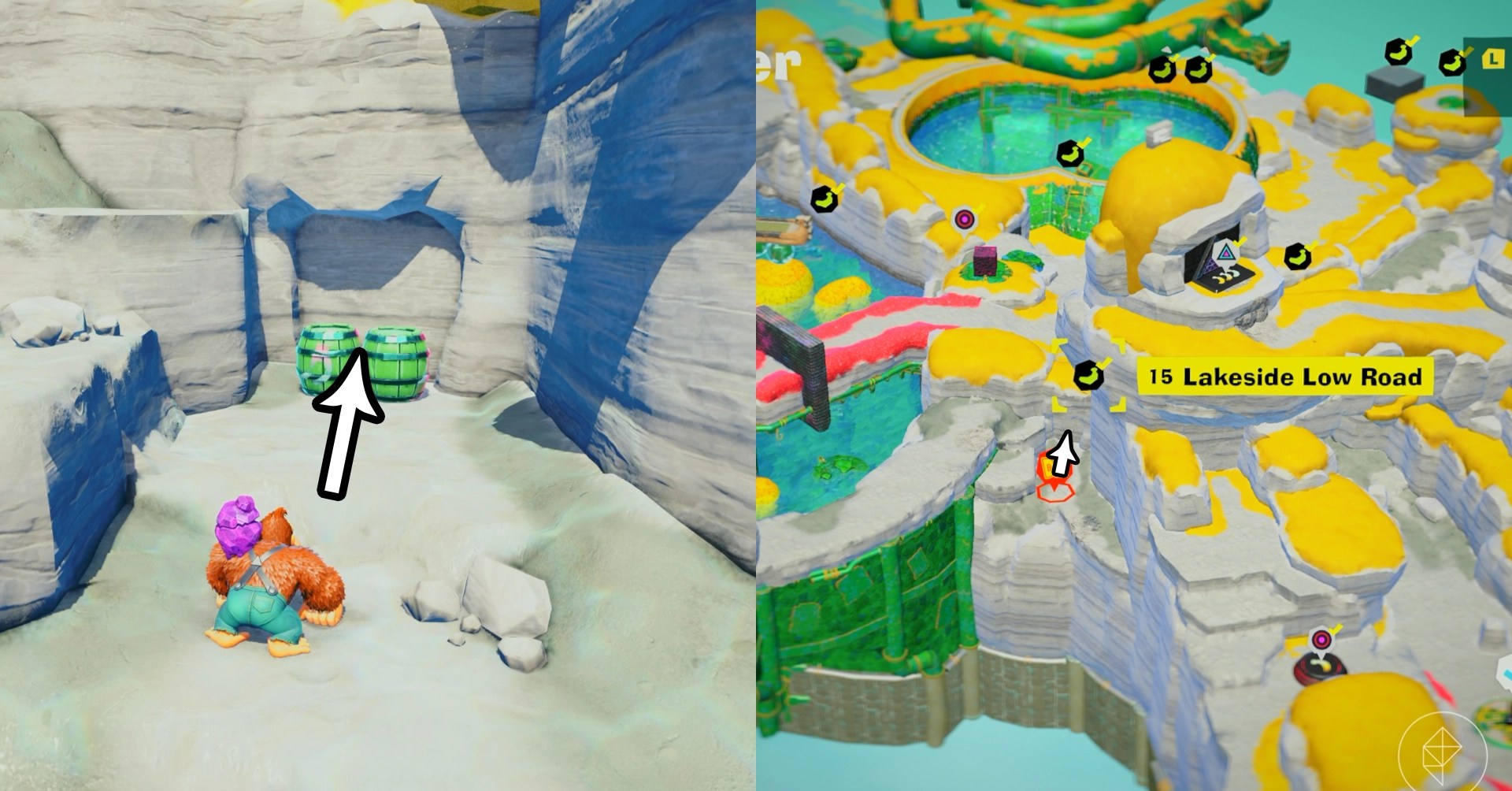DK stands next to two green barrels by a cliff near the Lakeside Low Road gem in a split image showing a map of where to find Lagoon Layer Banandium Gem