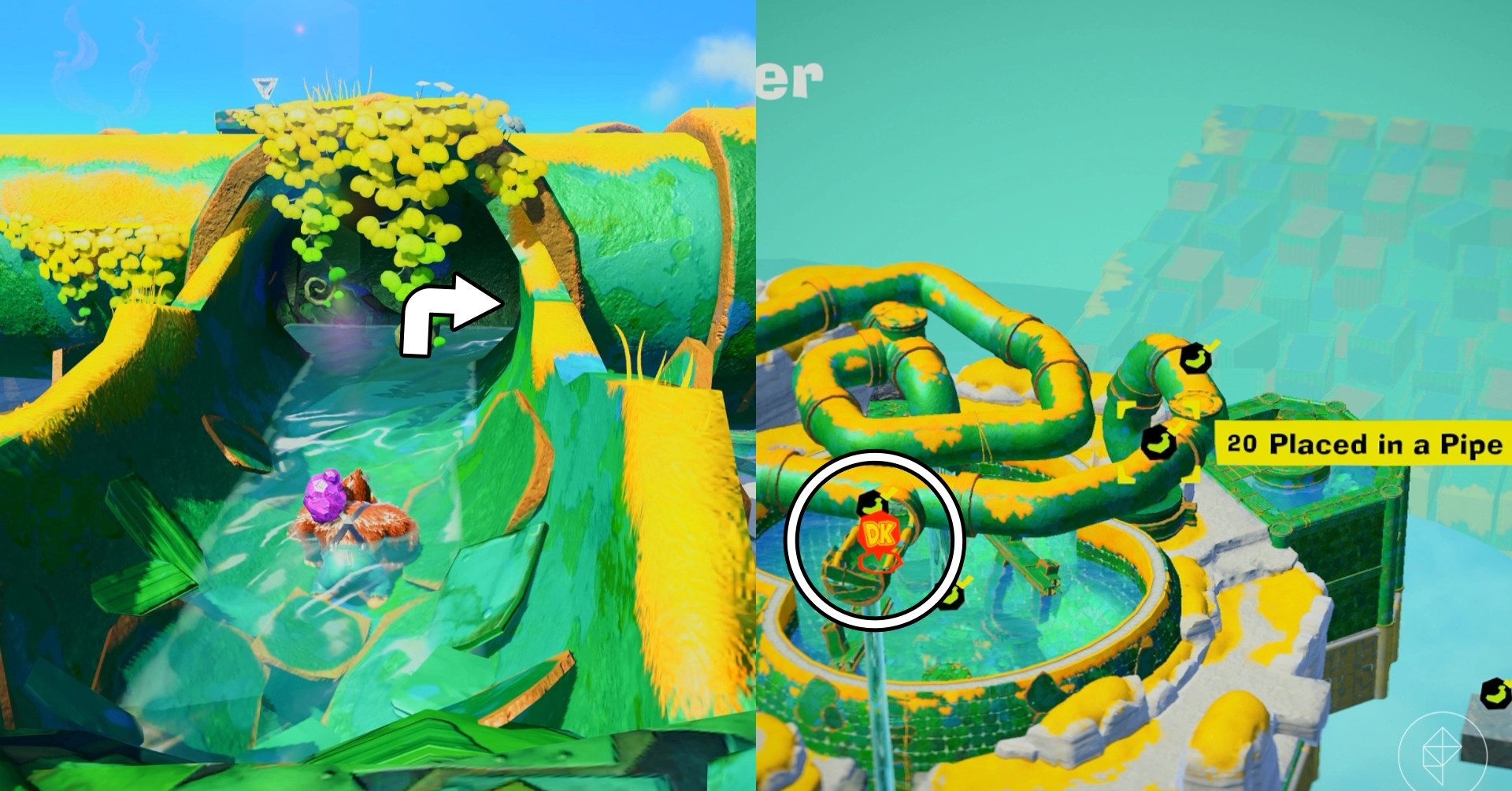 DK swims through a pipe while trying to find the Placed in a Pipe gem in a split image showing a map of where to find Lagoon Layer Banandium Gem
