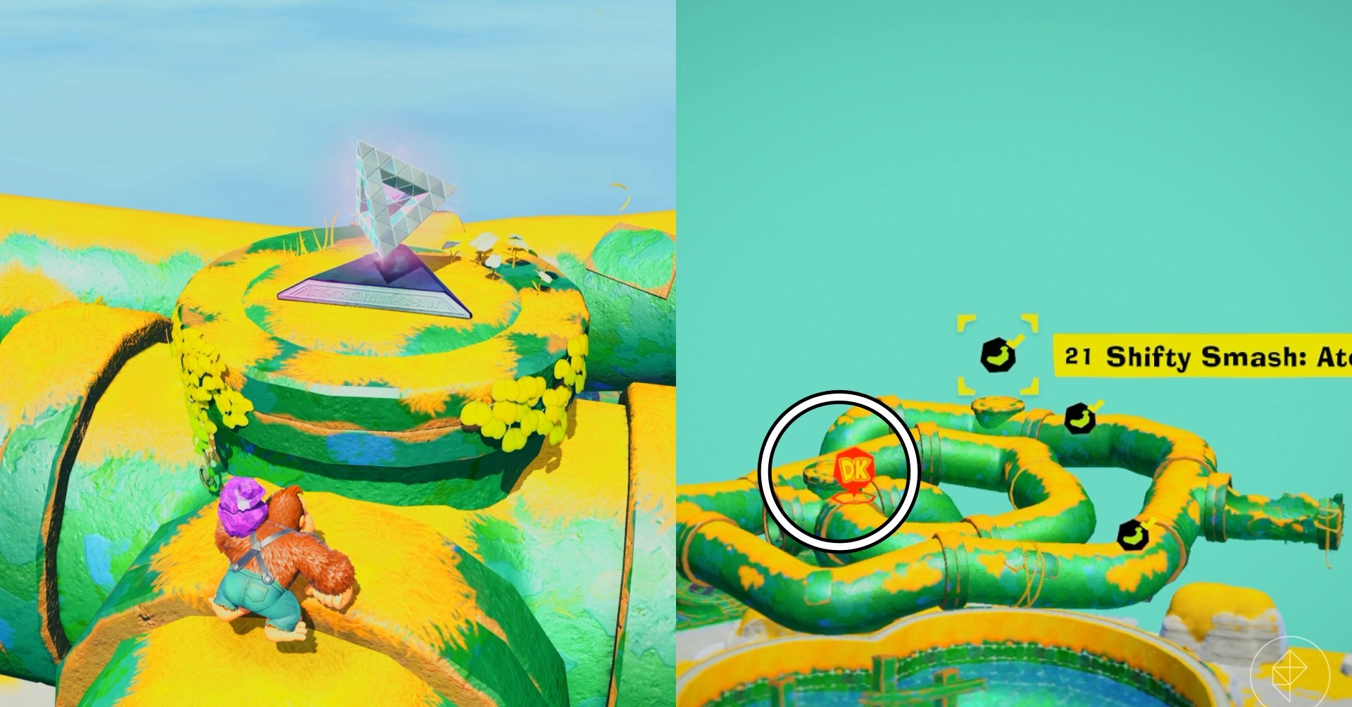 DK walks toward a giant silver pyramid on top of a green pipe while finding a Shift Smash gem in a split image showing a map of where to find Lagoon Layer Banandium Gem