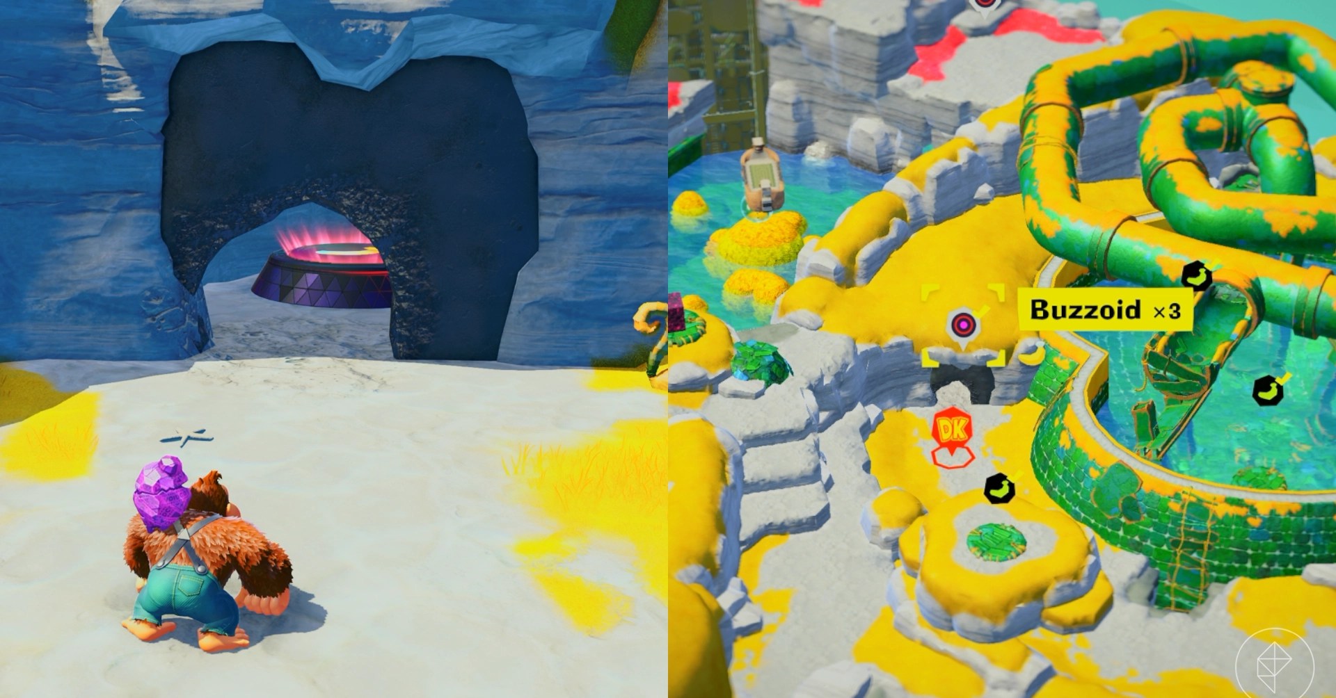 DK stands outside a cave ready to fight Buzzoid x3 for a gem in a split image showing a map of where to find Lagoon Layer Banandium Gem