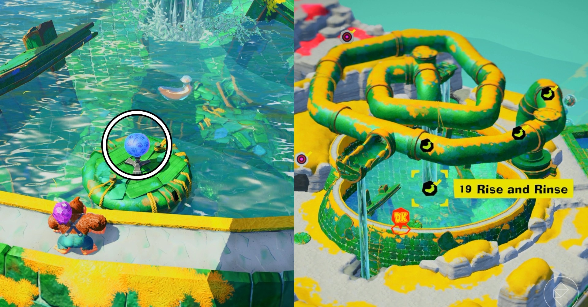 DK stands next to a lillypad on a lake while looking for the Rise and Rinse gem in a split image showing a map of where to find Lagoon Layer Banandium Gem