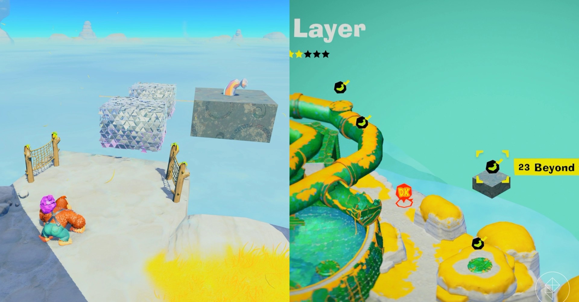 DK navigates floating platforms to find the Beyond the Cloudy Platforms gem in a split image showing a map of where to find Lagoon Layer Banandium Gem