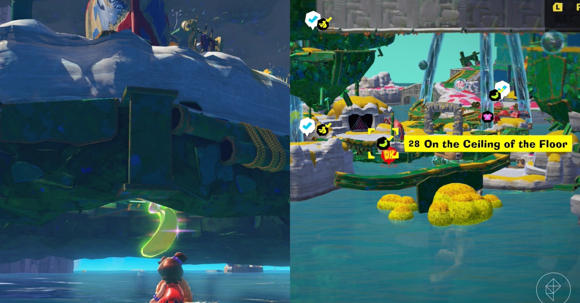 DK stands near ledges leading to the On the Ceiling of the Floor gem in a split image showing a map of where to find Lagoon Layer 101 Banandium Gem
