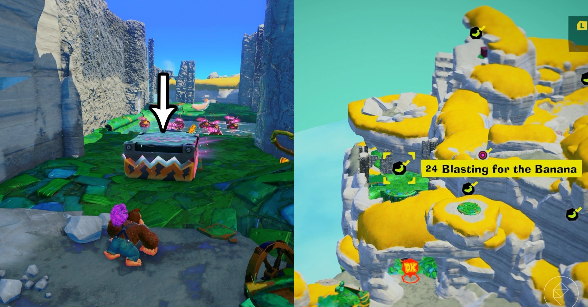 DK walks toward a giant metal box. with teeth while looking for the Blasting for the Banana gem in a split image showing a map of where to find Lagoon Layer Banandium Gem
