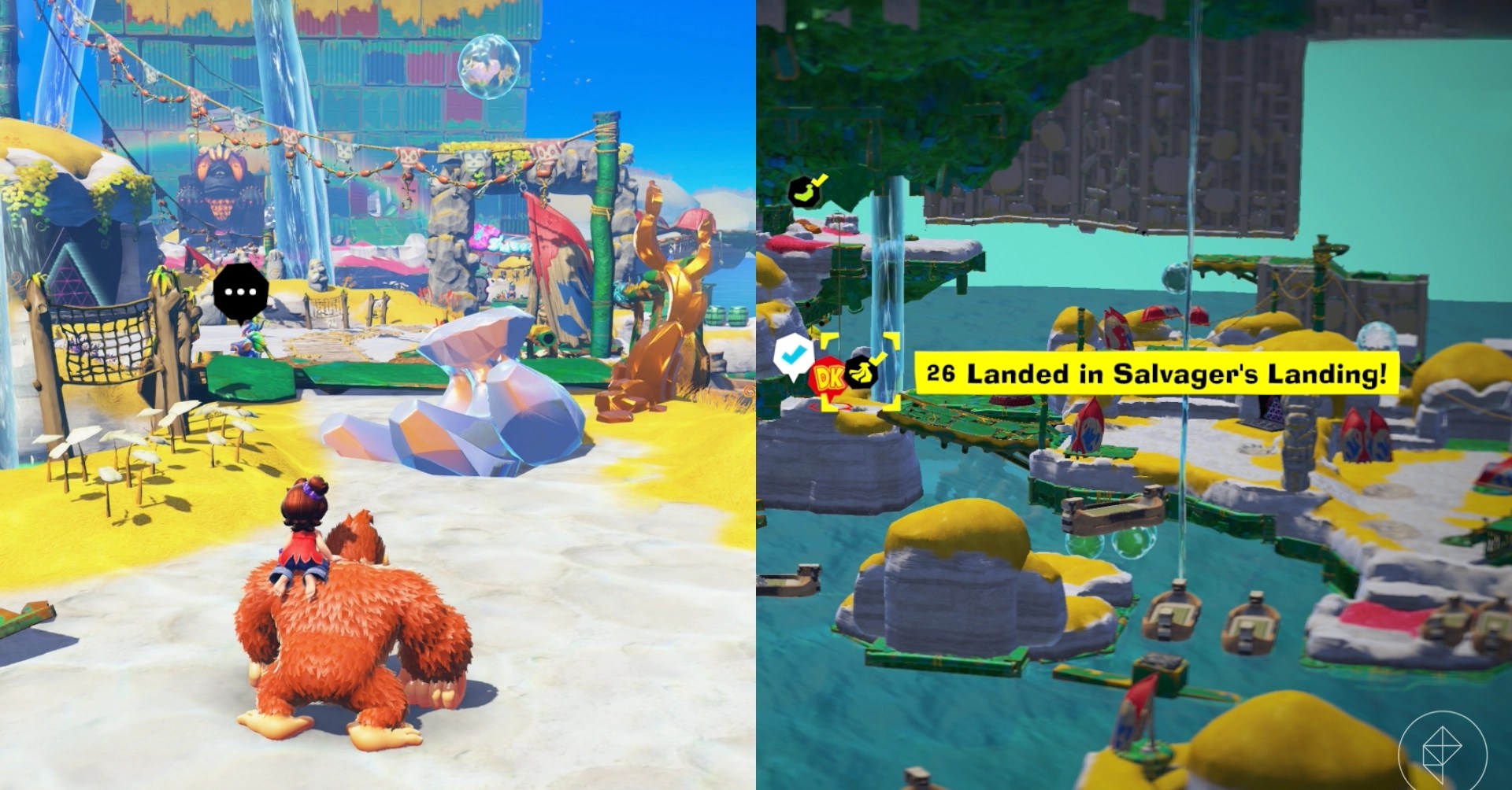 DK assesses a bunch of debris while gazing at sublayer 101 and looking for the Landed in Salvager’s Landing gem in a split image showing a map of where to find Lagoon Layer Banandium Gem