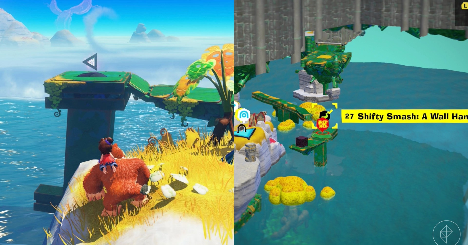 DK stands on a cliff and looks at a floating silver triangle on a green pathway while trying to find the Shifty Smash gem in a split image showing a map of where to find Lagoon Layer Banandium Gem