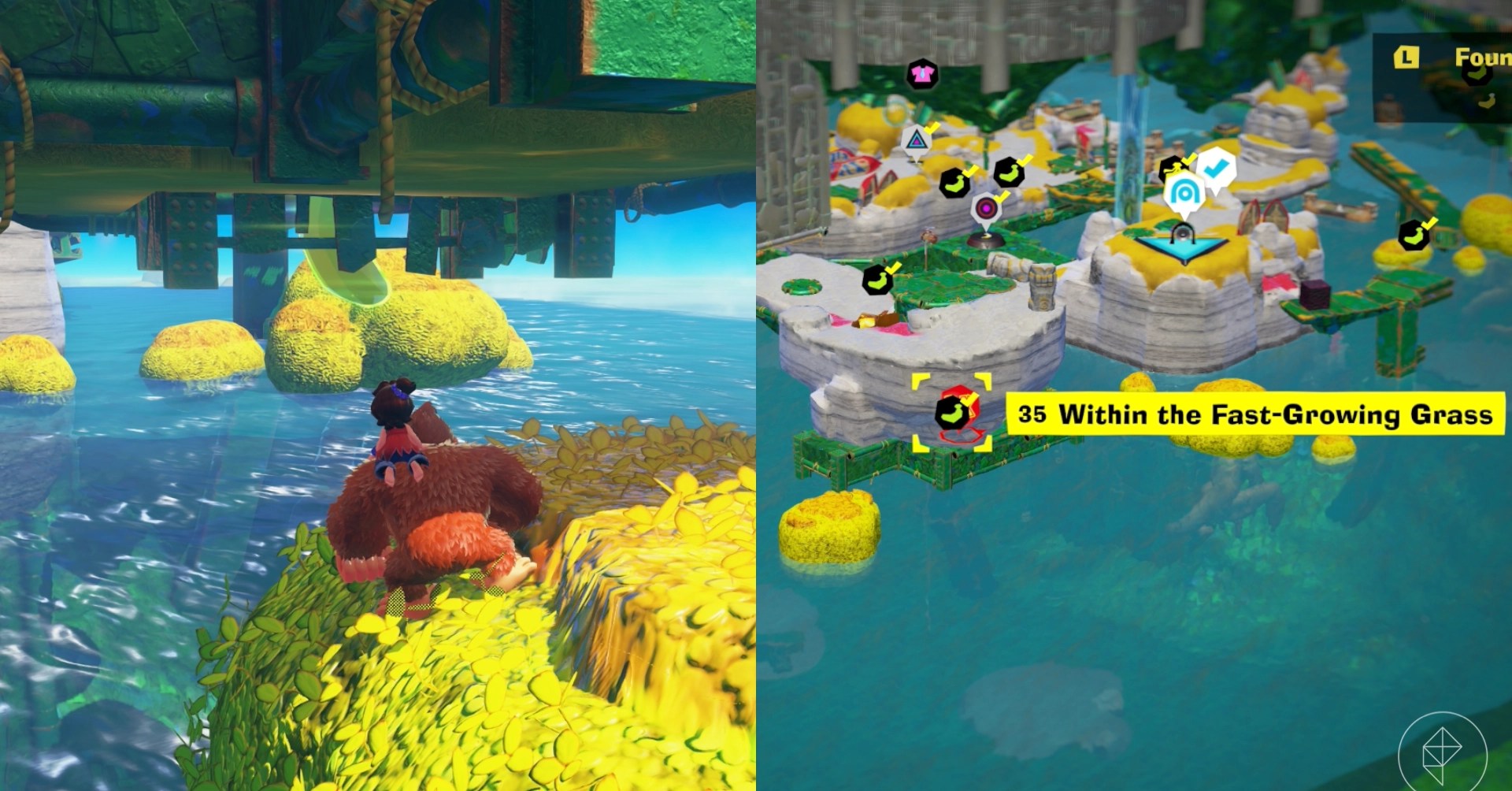 DK jumps across small islands under a building looking for the Within the Fast Growing Grass gem in a split image showing a map of where to find Lagoon Layer Banandium Gem
