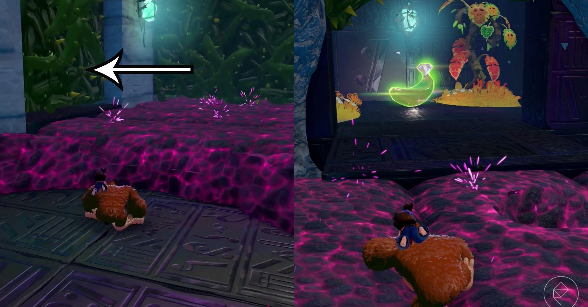 DK stands near purple rocks and smashes a green wall to lead to standin in front of a Banandium Gem in a split image showing where to find Lagoon Layer Banandium Gem