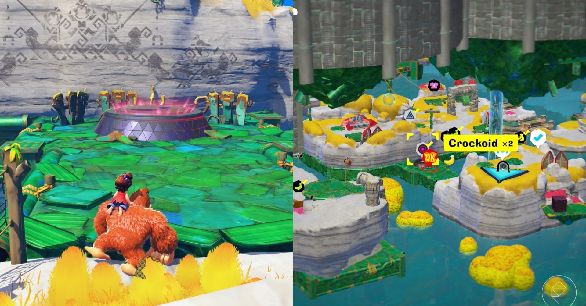 DK approaches a platform while trying to find the Crockoid x2 gem in a split image showing a map of where to find Lagoon Layer Banandium Gem