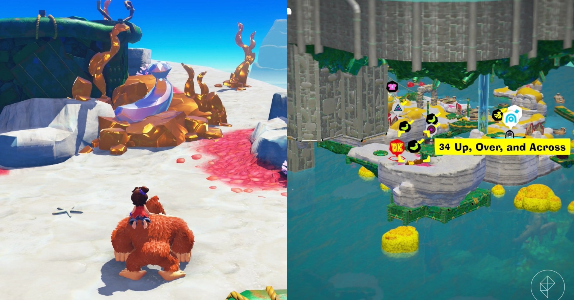 DK climbs a beach cliff while looking for the Up Over and Across Banandium Gem in a split image showing a map of where to find Lagoon Layer Banandium Gem