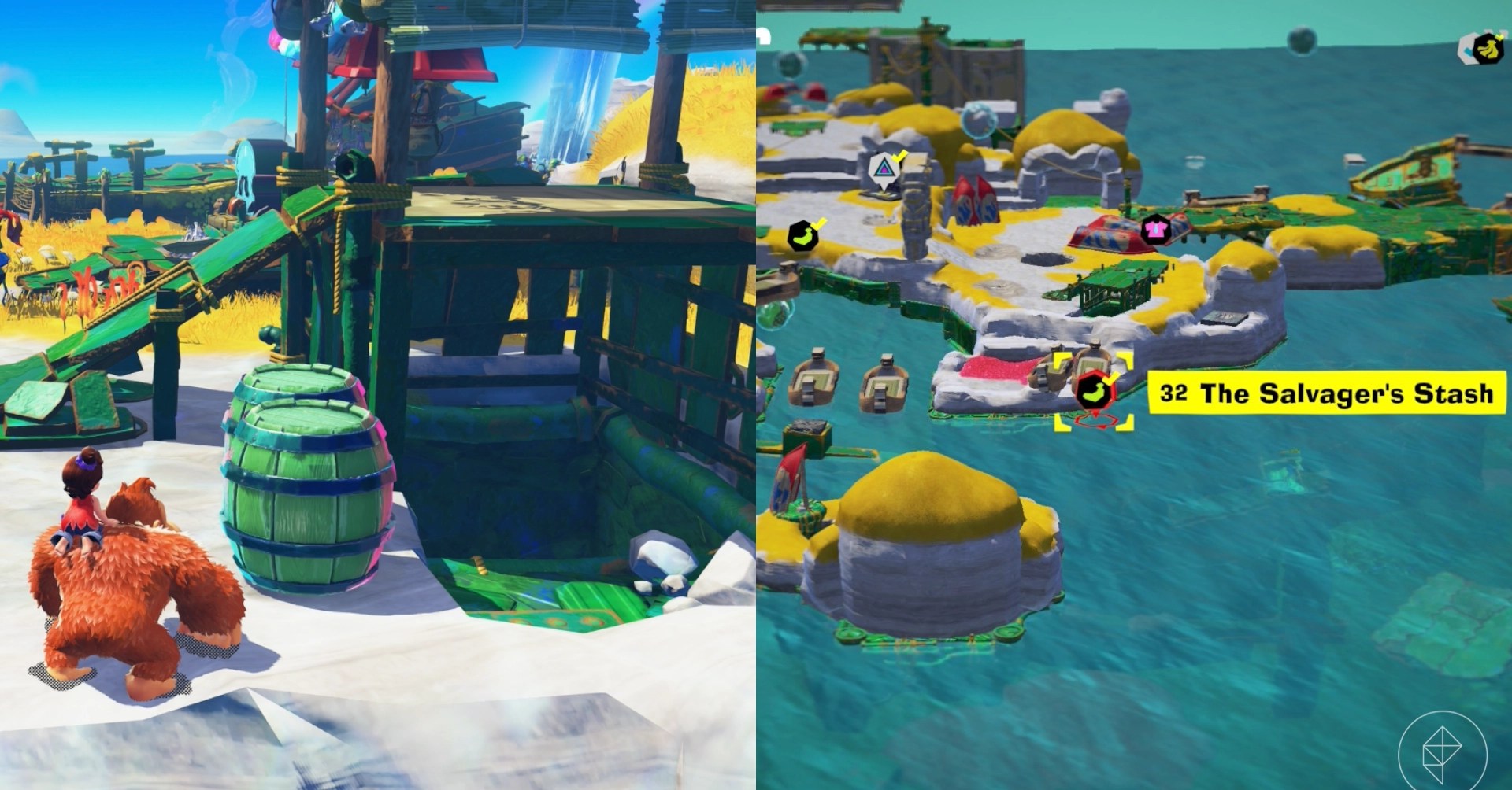 DK stands next to two green barrels and looks at a shanty while finding the Salvager’s Stash gem in a split image showing a map of where to find Lagoon Layer Banandium Gem