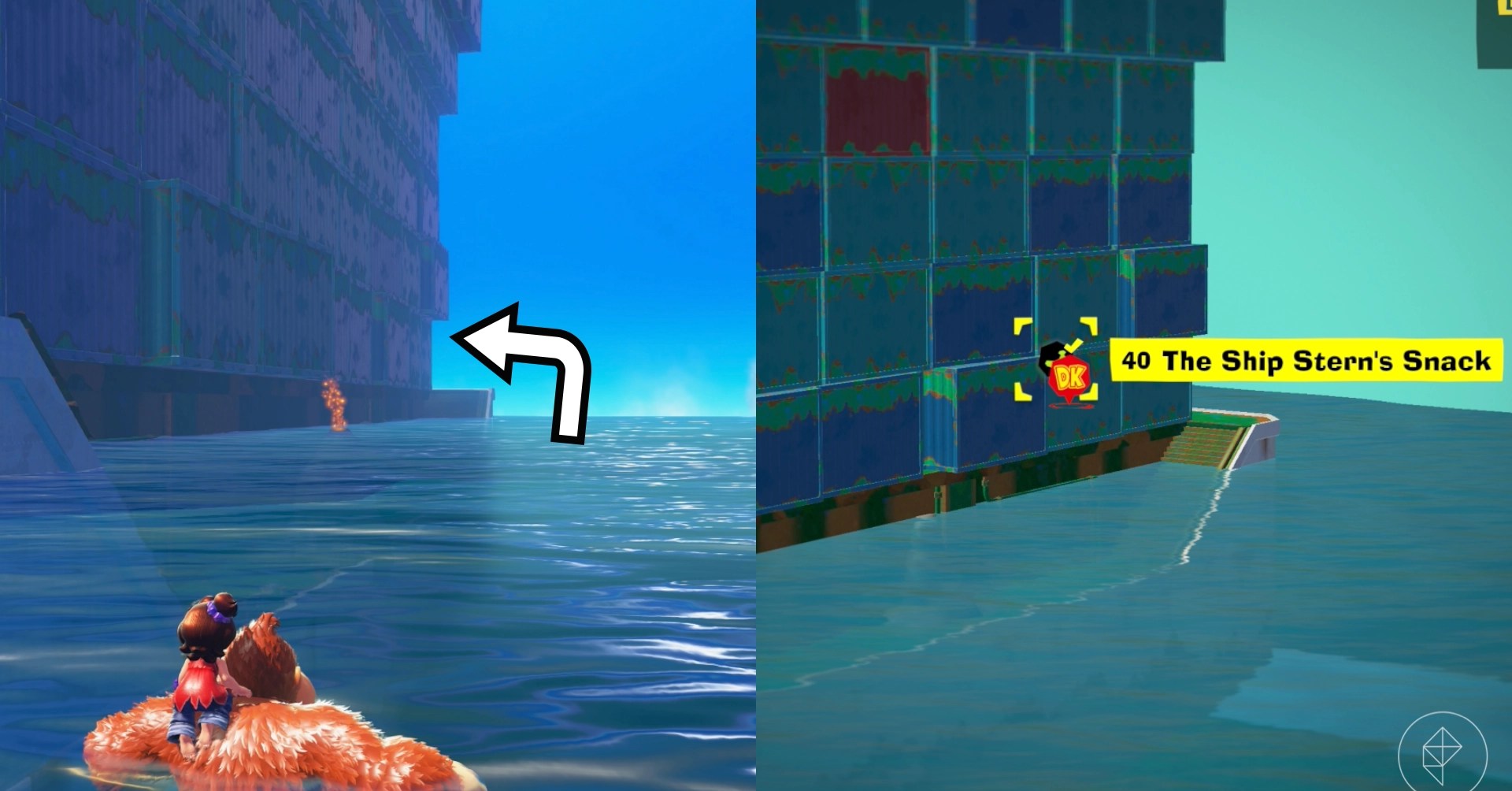 DK perches on a ledge while seeking the Concrete Wall on Moving Floor gem in a split image showing a map of where to find Lagoon Layer Banandium Gem