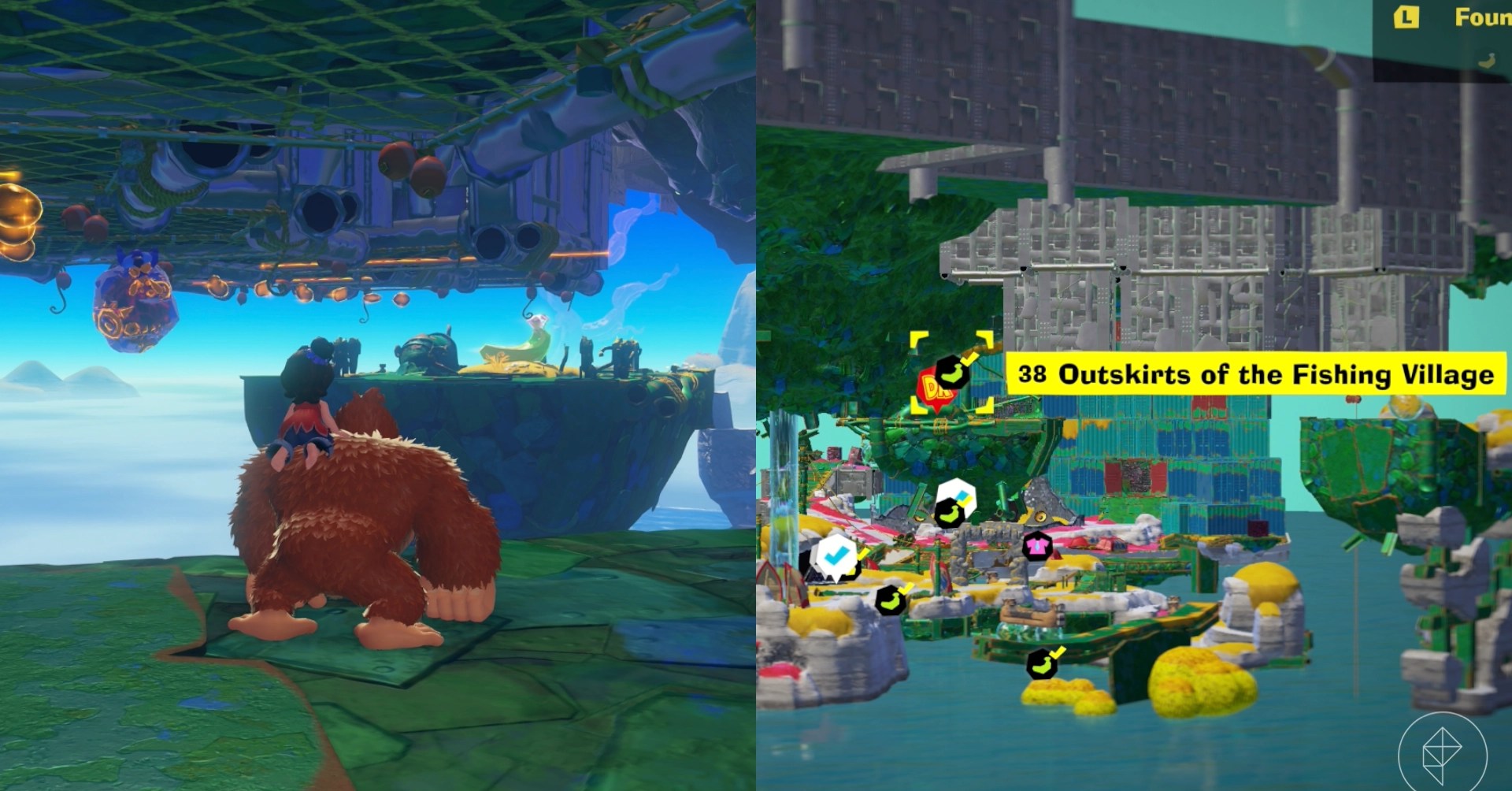 DK stares at a floating island while trying to find the Outskirts of the Fishing Village gem in a split image showing a map of where to find Lagoon Layer Banandium Gem