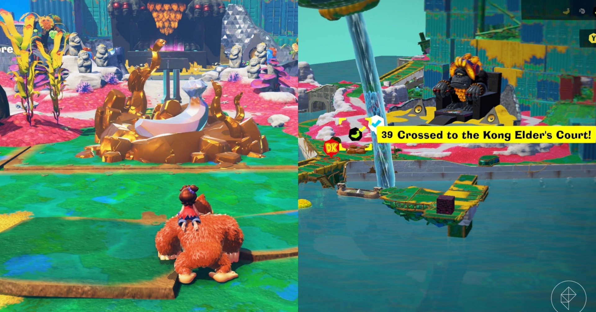 DK stands in front of a bronze fountain while trying to find the Crossed to the Kong Elder’s Court gem in a split image showing a map of where to find Lagoon Layer Banandium Gem
