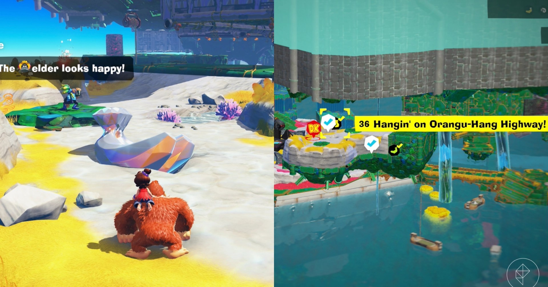 DK walks up to an elder on a beachy path while trying to find the Hangin on an Orangu Hang Highway gem in a split image showing a map of where to find Lagoon Layer Banandium Gem