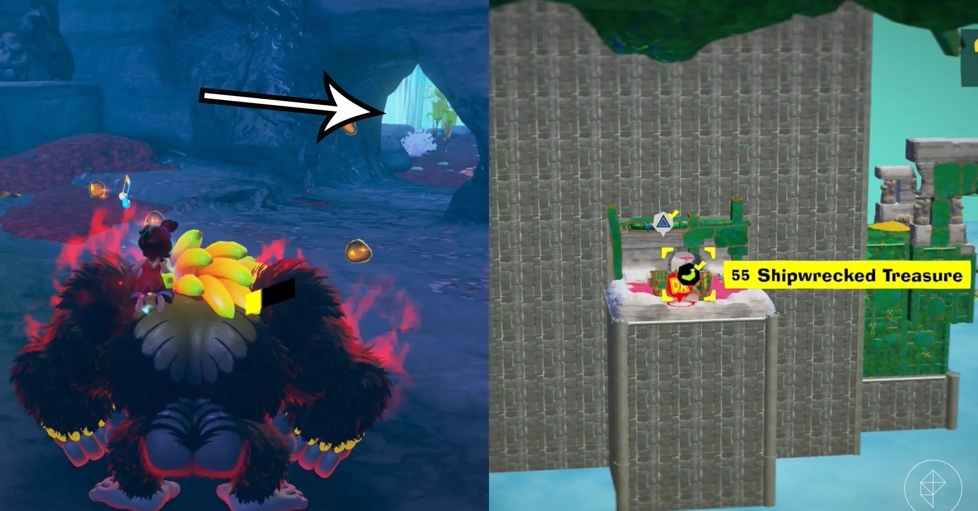 DK stands in a cave while hunting for the Shipwrecked Treasure gem in a split image showing a map of where to find Lagoon Layer Banandium Gem