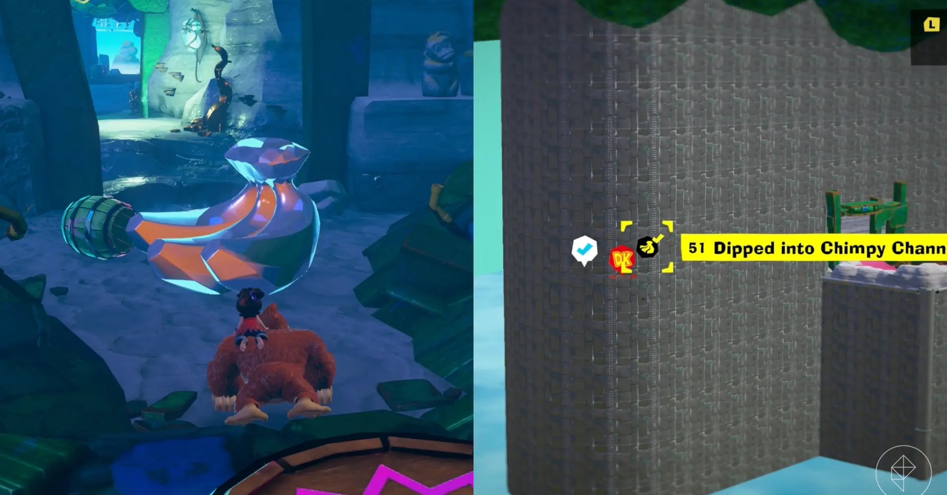 DK stands in front of a Banandium Gem while looking for the Dipped into Chimpy Channel gem in a split image showing a map of where to find Lagoon Layer Banandium Gem