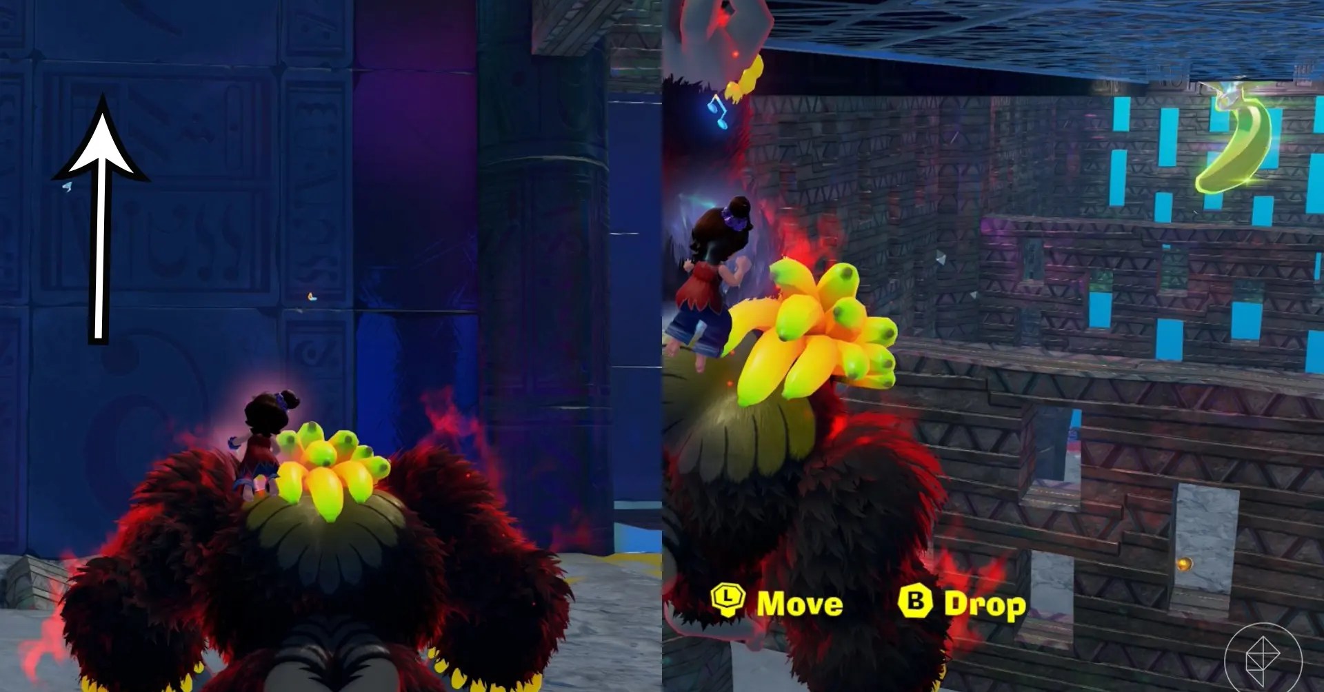 In two images, Donkey stands near a purple wall and also looks out across broken half walls while trying to find a Banandium Gem in the Lagoon Layer of Donkey Kong Bananza