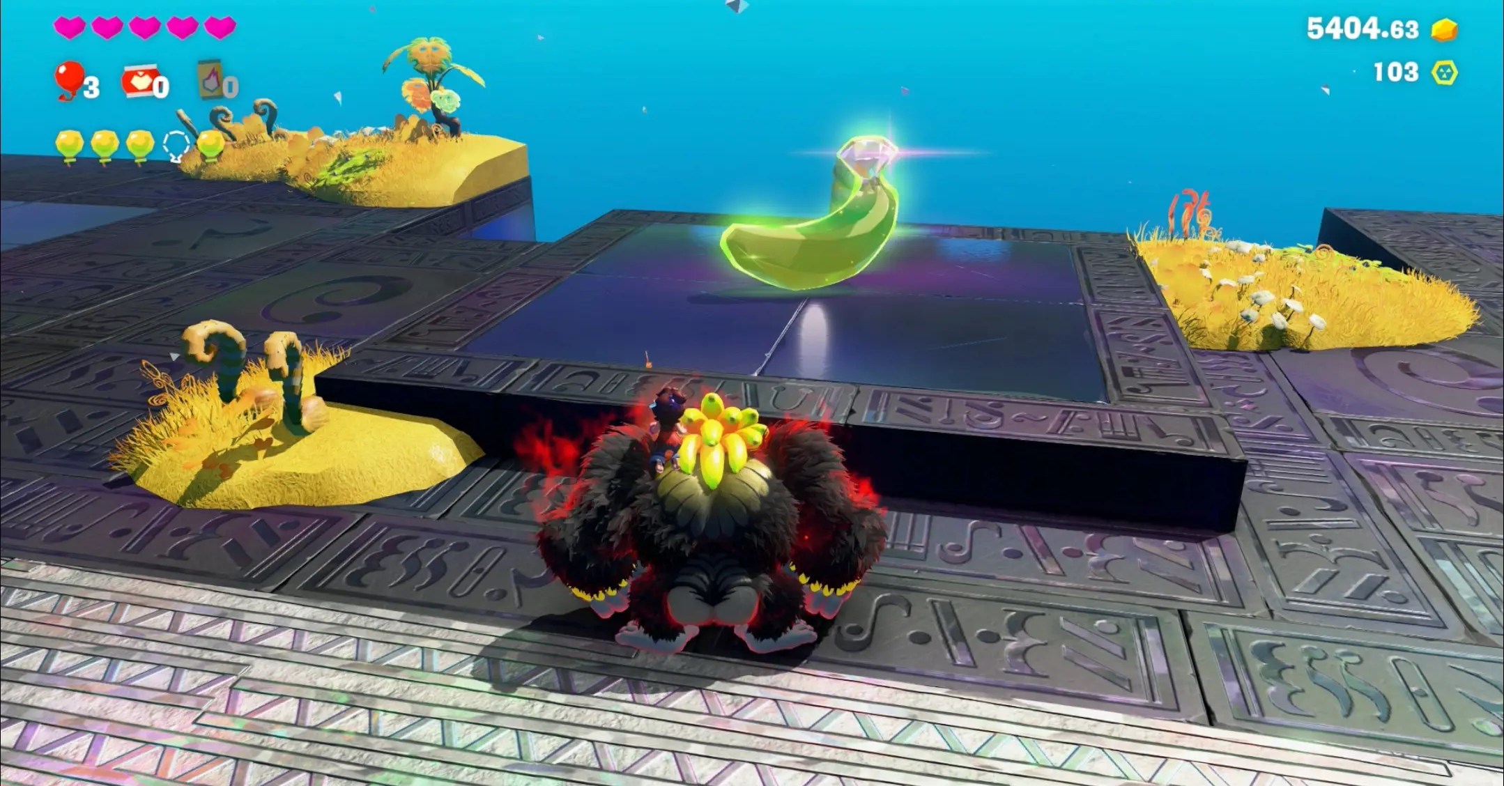 DK stands in front of a Banandium Gem on a silver platform near patches of wheat while finding the Atop the Concrete Roof gem in Donkey Kong Bananza