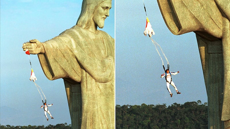 Felix Baumgartner jumping from Christ the Redeemer.