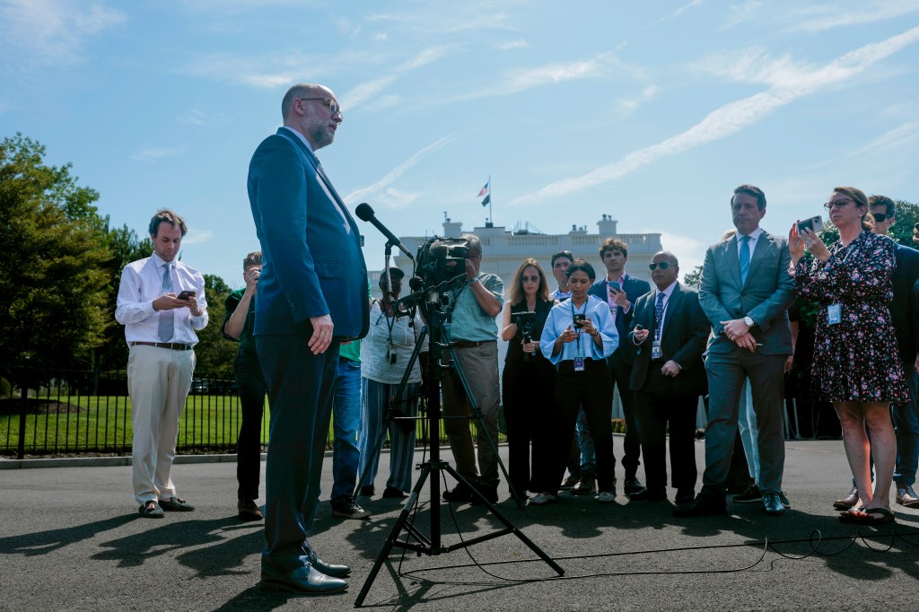 Russell Vought, OMB Director, speaks to reporters outside the White House.