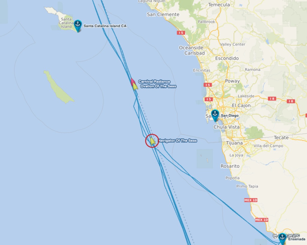 Map showing Navigator of the Seas location near San Diego.
