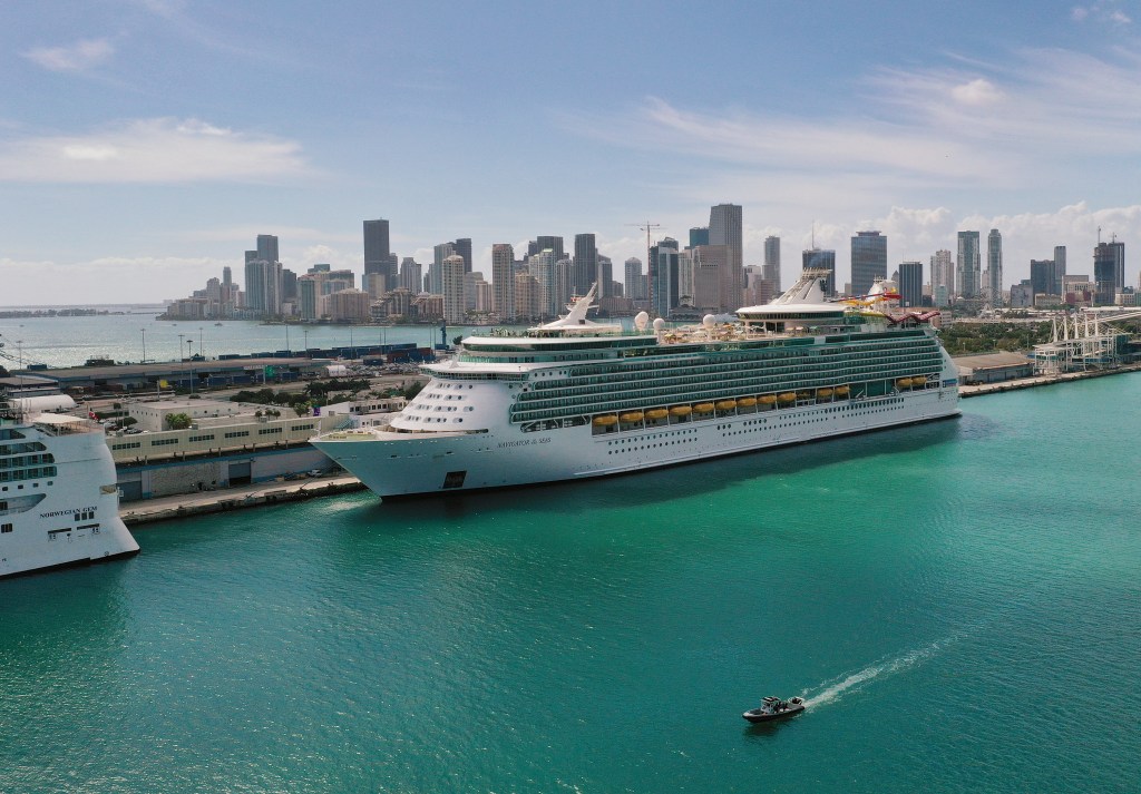 Aerial view of the Navigator of the Seas cruise ship docked in Miami.