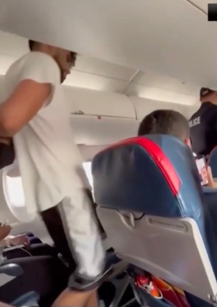 Passenger attempting to open an airplane exit door mid-flight.